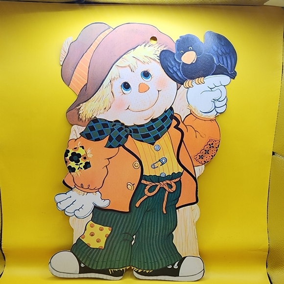 Other - Vtg Halloween Scarecrow & Crow Die Cut Cardstock 14x9" Double Sided Wall Decor